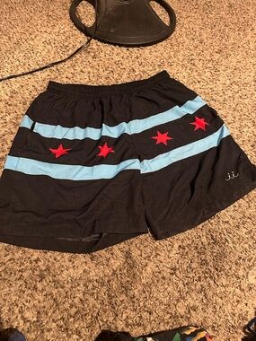 Black Athletic Shorts with Chicago Flag Logo.